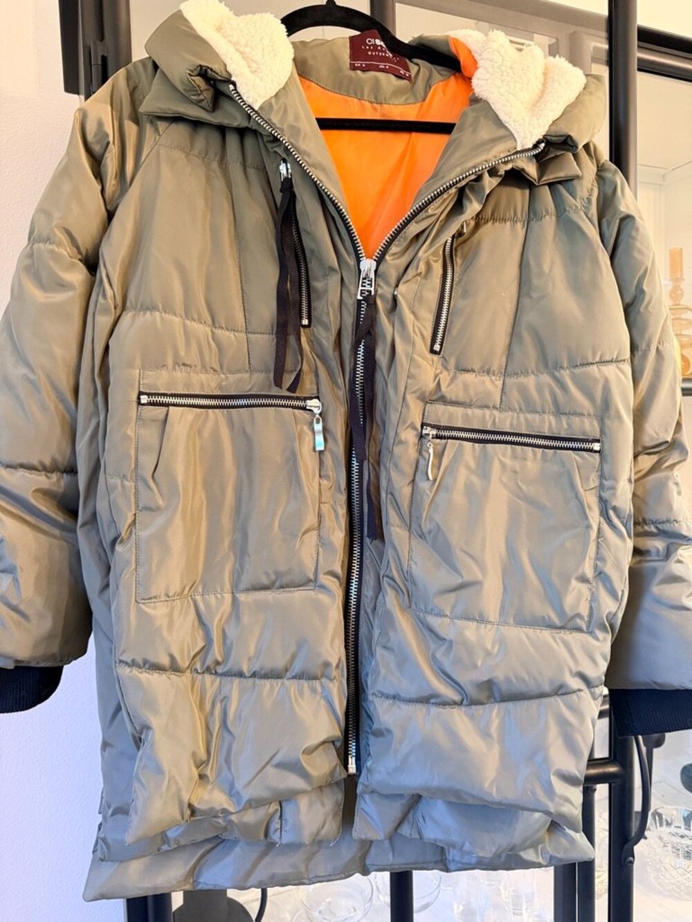 CiSono Los Angeles Sherpa Hooded Puffer Jacket Olive Green Orange M
